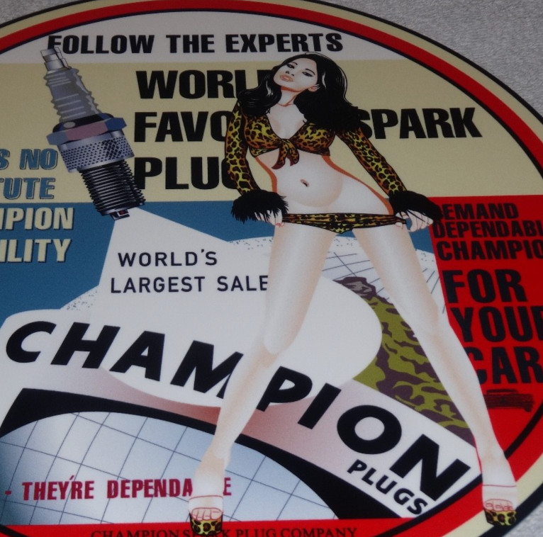 VINTAGE CHAMPION SPARK PLUGS 👩 WOMAN 11 3/4″ PORCELAIN METAL GASOLINE OIL SIGN!
