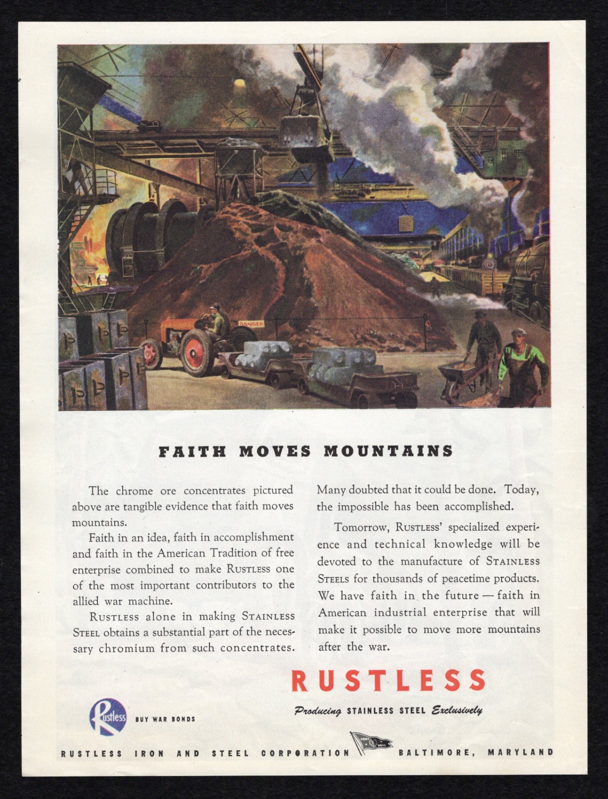 1944 Rustless Iron Steel Faith Move Mountains Chrome Allied War Machine Print Ad
