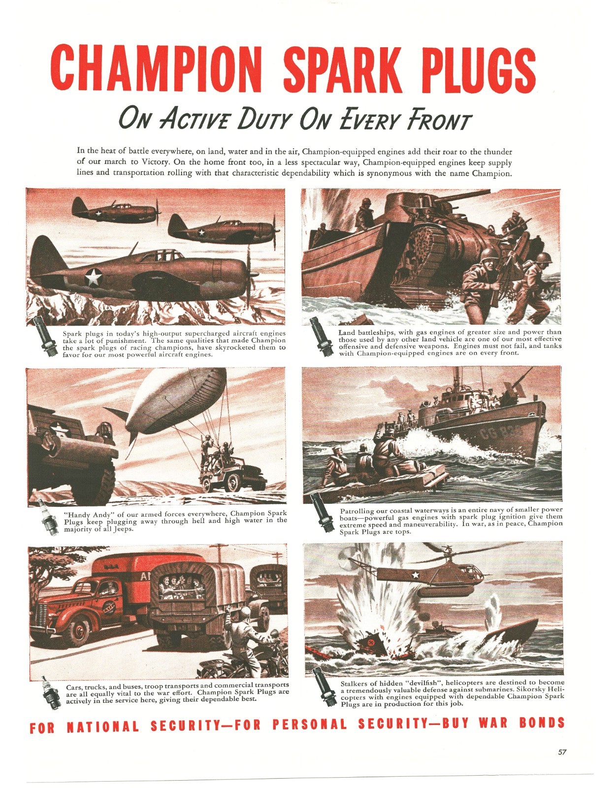 1943 Champion Spark Plugs P-47 Thunderbolt WW2 Print Ad Sherman Tank Sikorsky