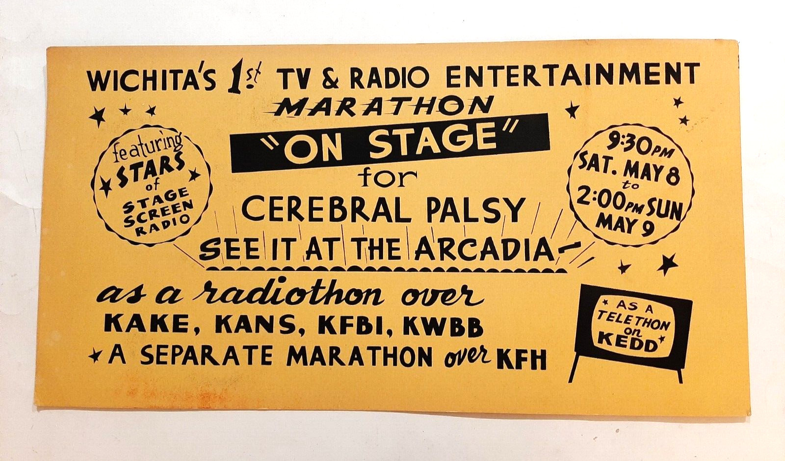 1954 Wichita Kansas Cerebral Palsy Marathon Bus Overhead Cardboard Sign 21×11″