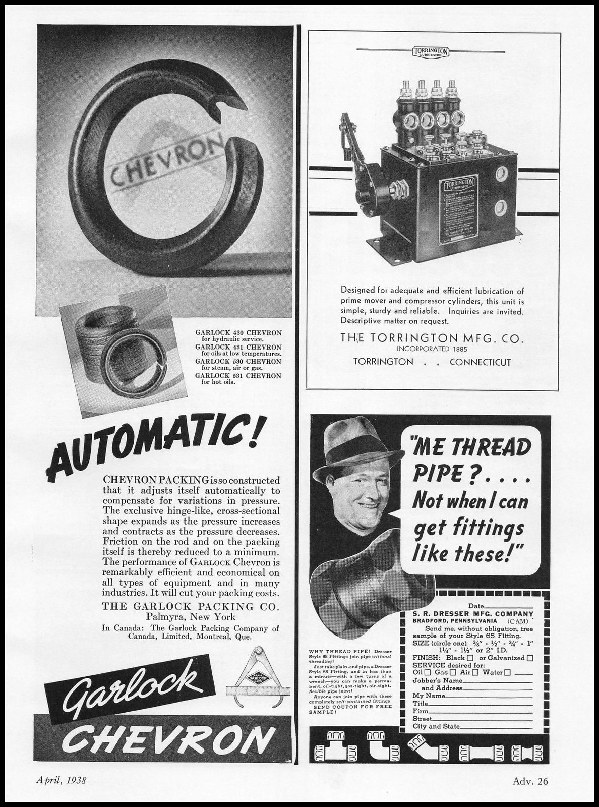 1938 The Garlock Packing Co. Palmyra New York 450 Chevron Vintage Print Ad