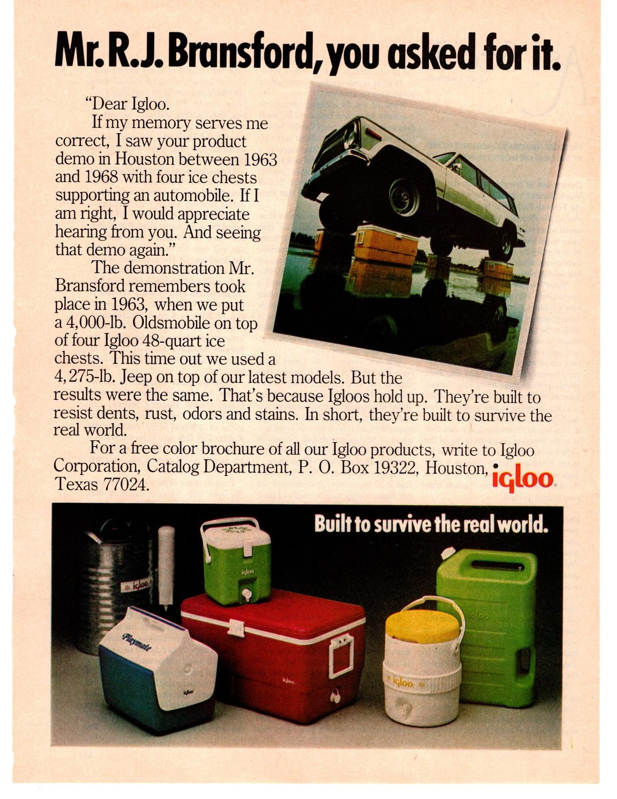 1976 Igloo 48 Quart Ice Chest Cooler Oldsmobile Catalog Houston Texas Print Ad