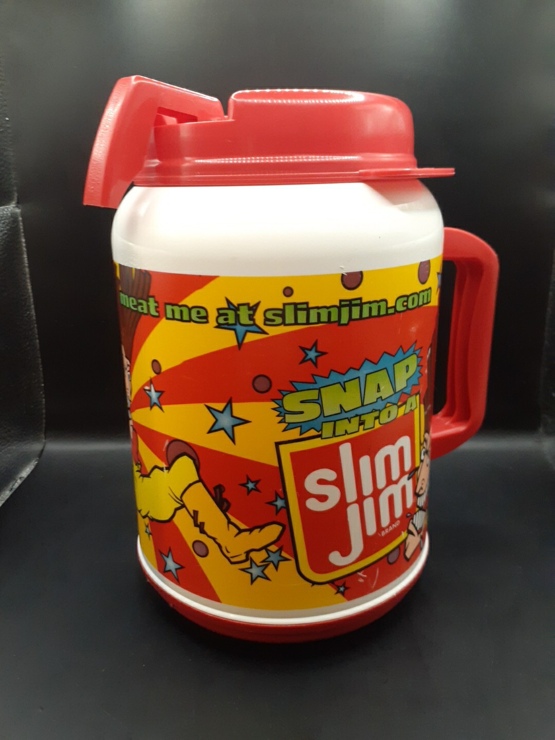 Vintage 2002 Snap Into A Slim Jim 64oz Travel Mug Whirley USA Slim Jim Guy