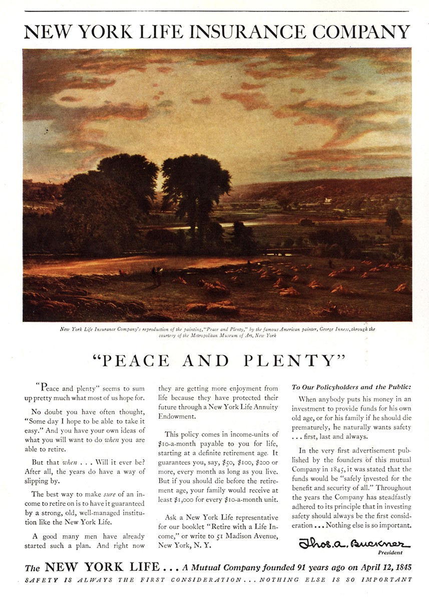 1936 New York Life Insurance: Peace and Plenty Vintage Print Ad