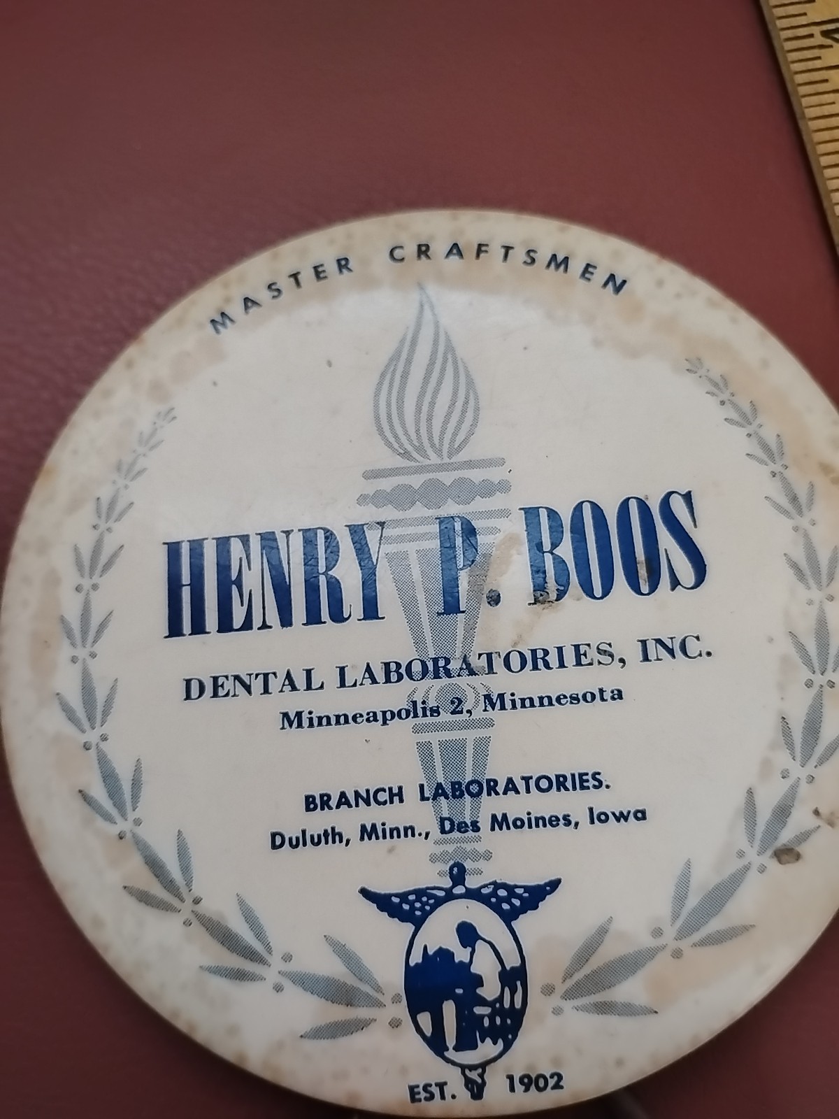 Vintage H.P. Boos Dental Labs Duluth MN Des Moines IA Celluloid Adv. Mirror 3.5″