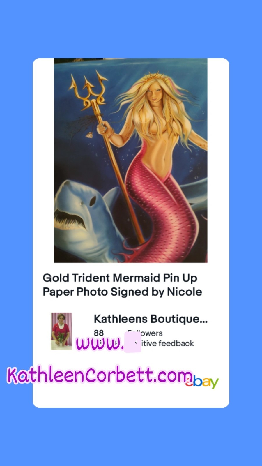 Gold Trident Mermaid Pin Up Paper Photo Signed by Nicole 2023 Pink Fins Sharks