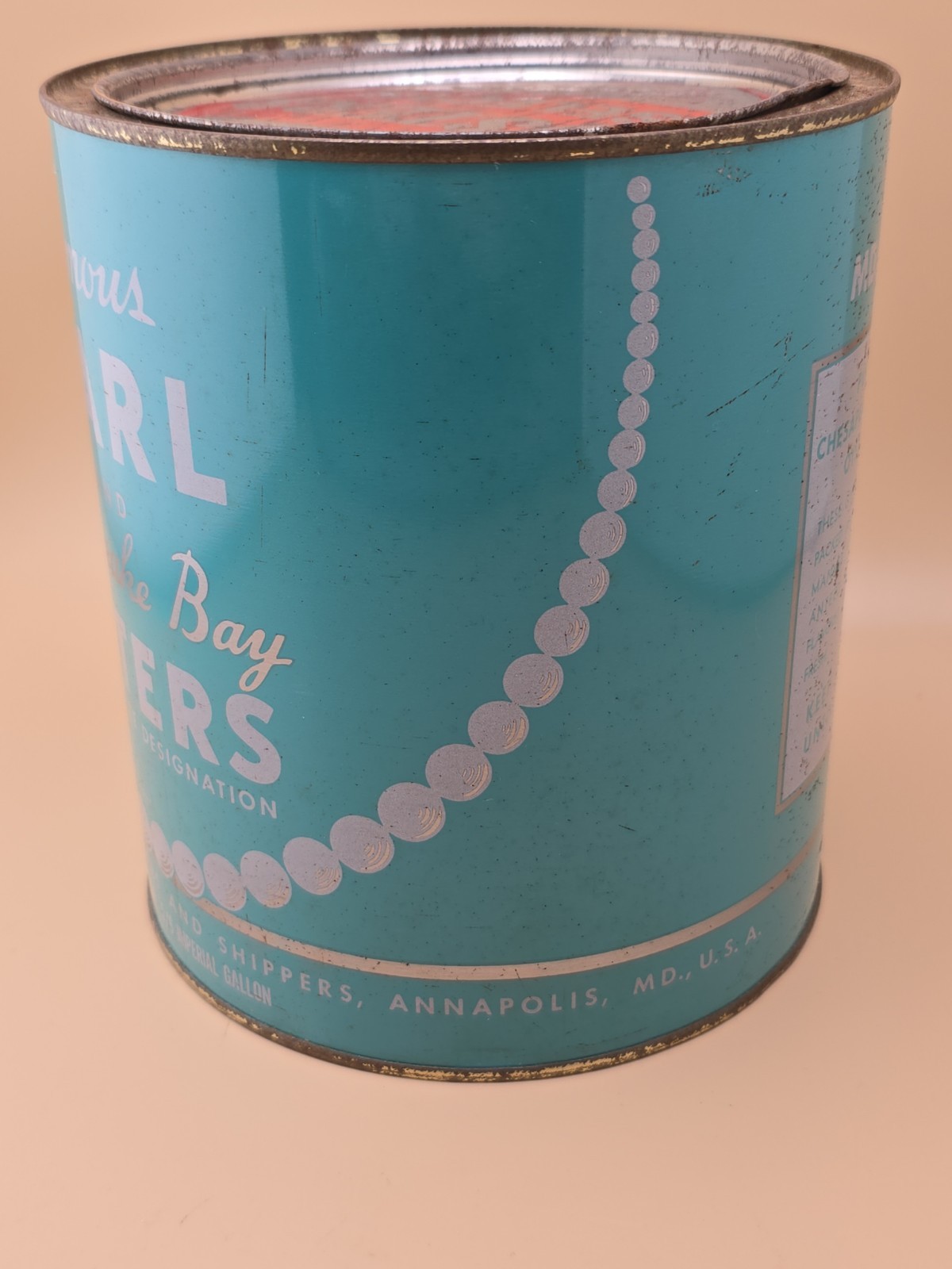 Vintage Pearl Brand 1 Gallon Oyster Can Eastport Annapolis MD Chesapeake McNasby