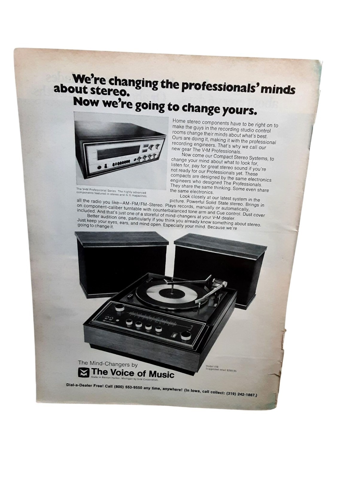 1970 Voice of Music Home Stereo System Vintage Print Ad Turntable
