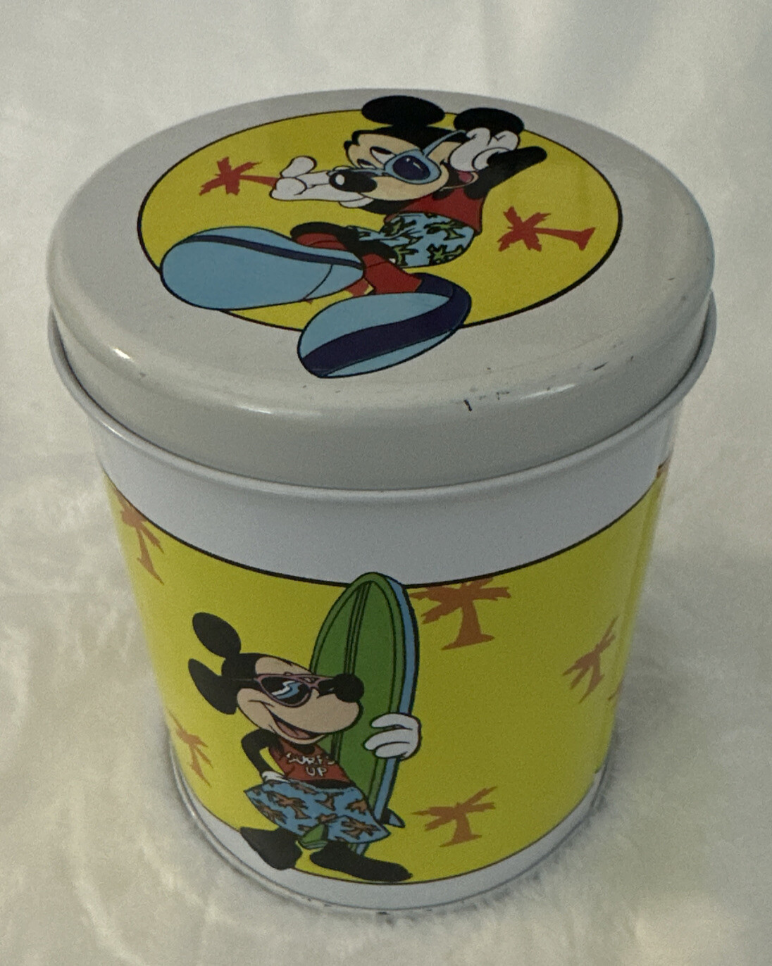 Vintage Disney Mickey Mouse Surfer Tin Container Surfboard Palm Tree Beach 4.75”