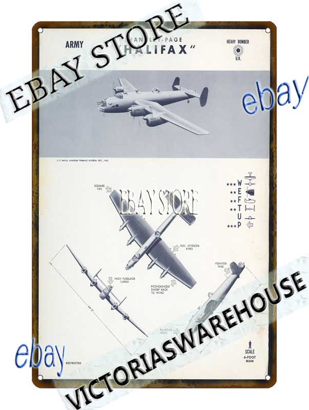 Tin Sign 1942 Handley-Page Halifax aircraft ww2 historic aerial warfare art