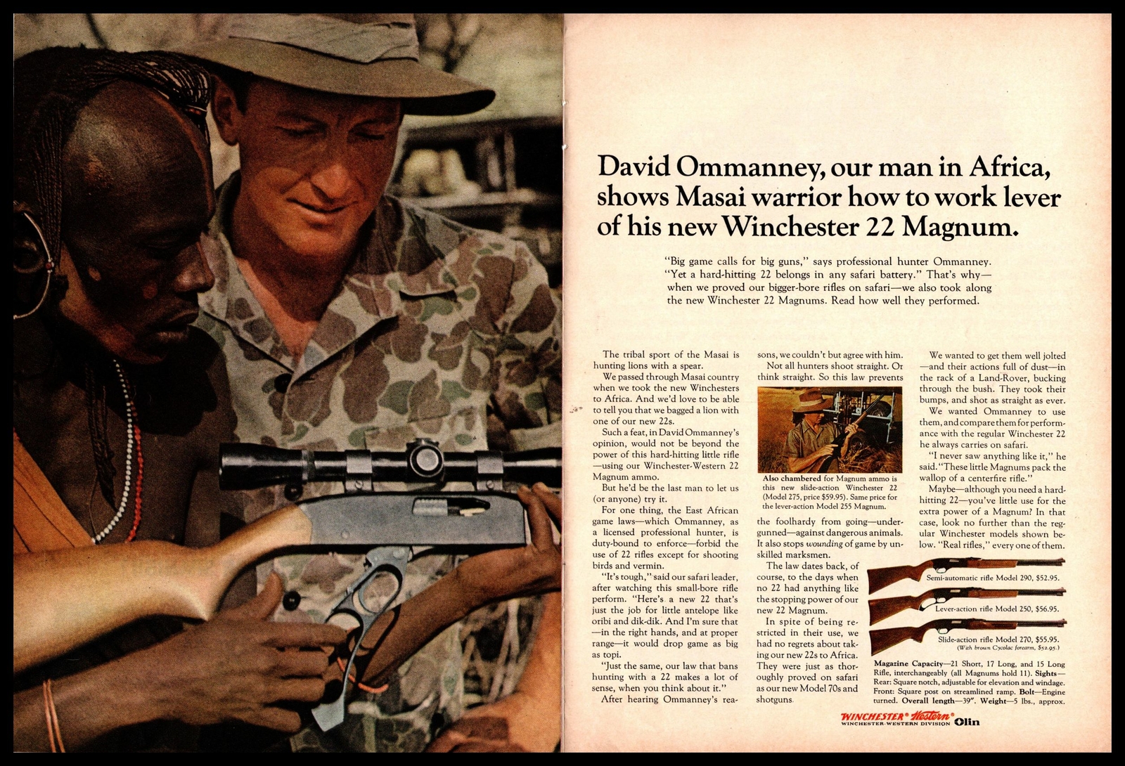 1964 Winchester 275 Western 22 Magnum Ammo Masai Warrior Africa 2-Page Print Ad