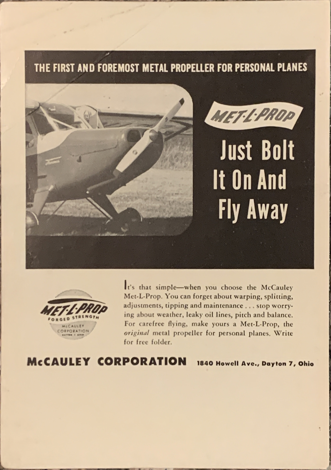 1950 Met-L-Prop Metal Propeller PRINT AD McCauley Just Bolt On Fly Away VTG 50s