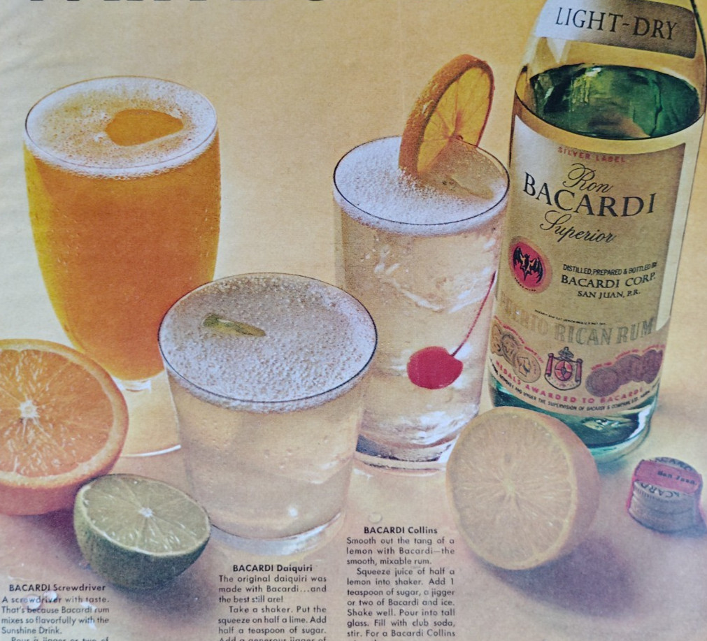 Vintage Retro 1970 Ad 3 Juicy Drinks Bacardi Rum Screwdriver Daiquiri Collins