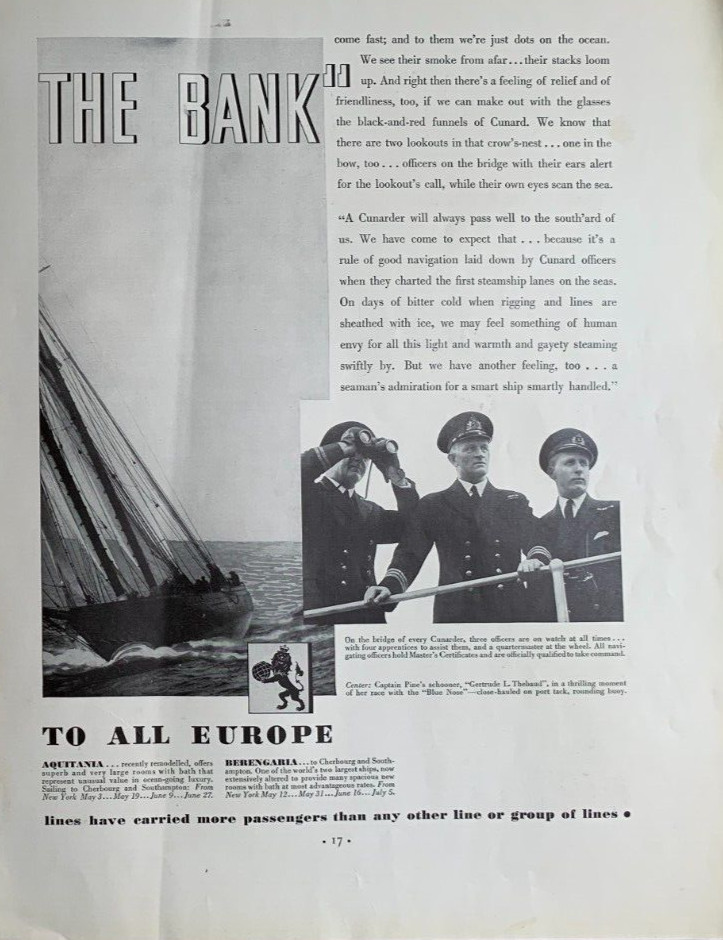 1934 Cunard Line Cruise Ship Print Ad Capt Ben Pine Schooner Gertrude L Thebaud