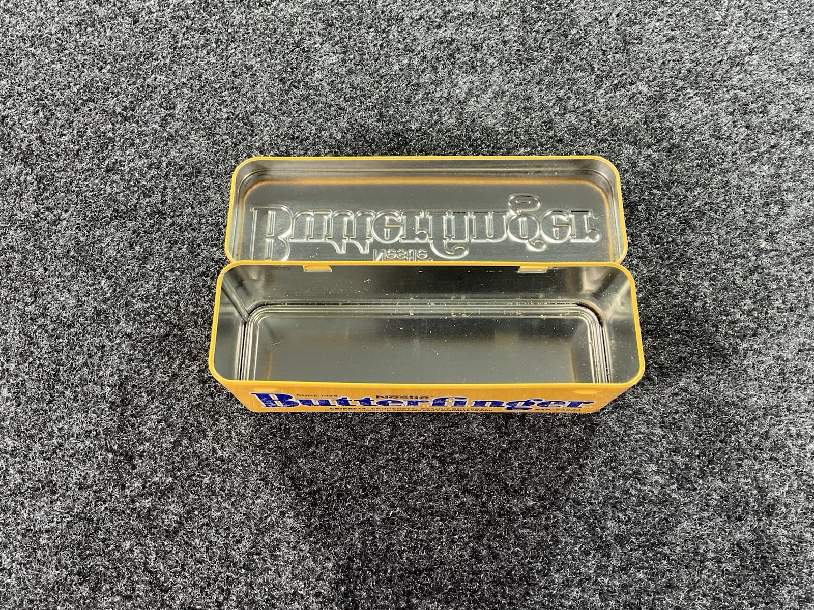 Nestle Butterfinger Candy Bar Metal Storage Tin Hinged Collectible Yellow Box