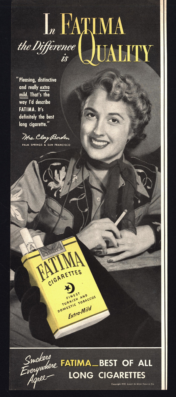 1951 FATIMA CIGARETTES COWGIRL MRS CLAY BURDEN PALM SPRINGS VINTAGE PRINT AD