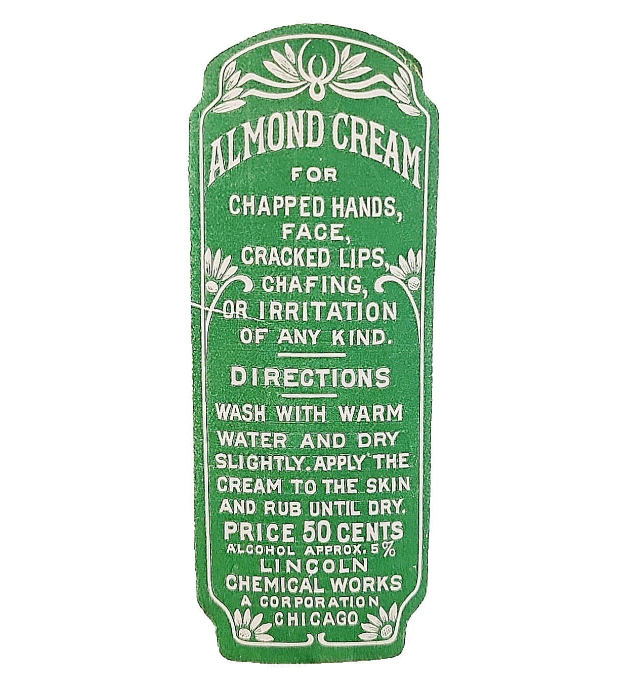 1910-30s Almond Cream Lotion Label Lincoln Chemical Works Chicago Illinois J4