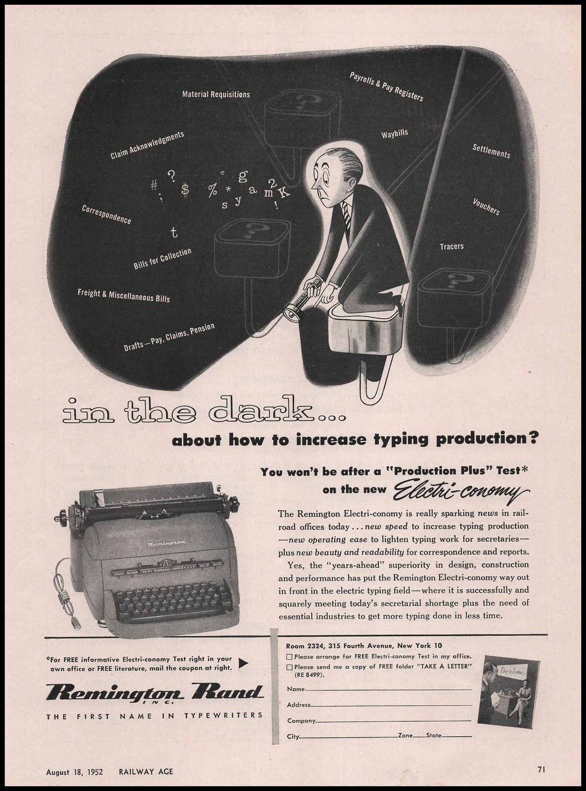 1952 Remington Rand Electric Typewriters “Electri-conomy” Test Cartoon Print Ad