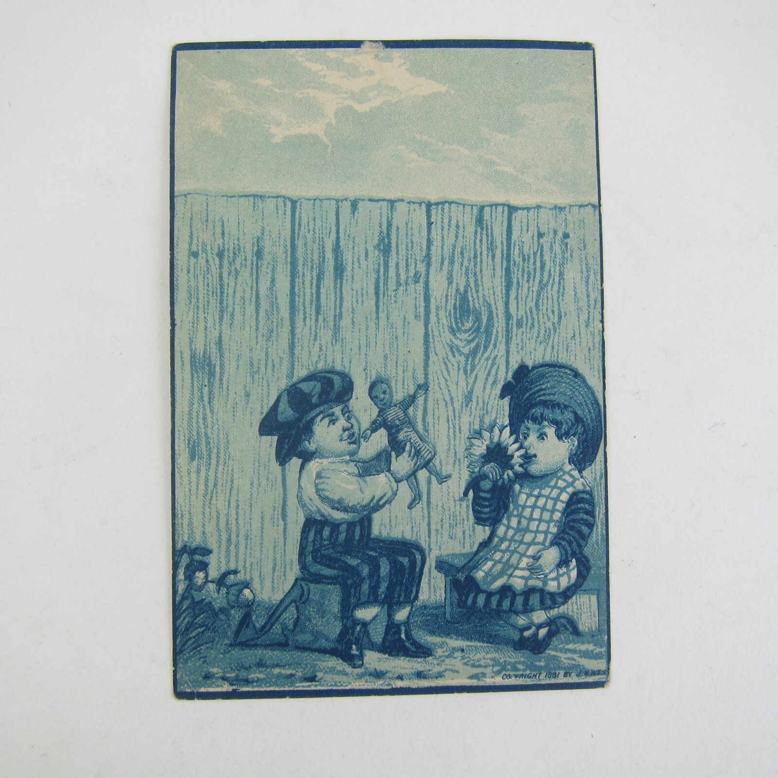 Victorian Trade Card Boy & Girl Play By Fence Doll Flower J. Ives Antique 1881