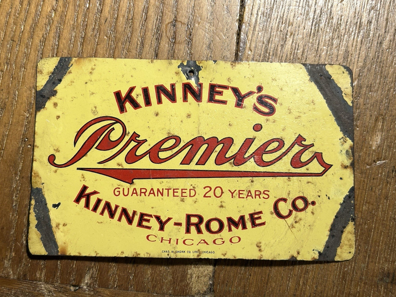 vintage small tin furniture tag sign Kinney’s Premier Kinney-Rome Chicago