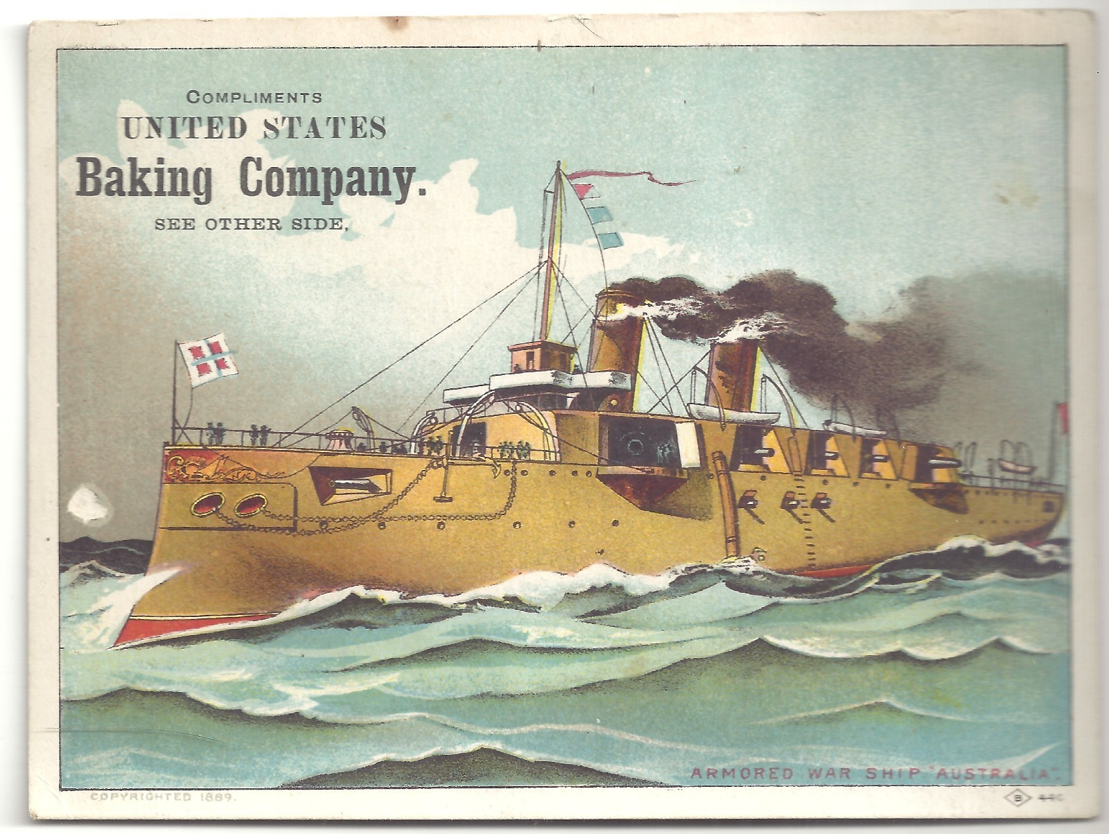 Victorian Trade Card US Baking Co. ~ ARMORED WAR SHIP AUSTRALIA