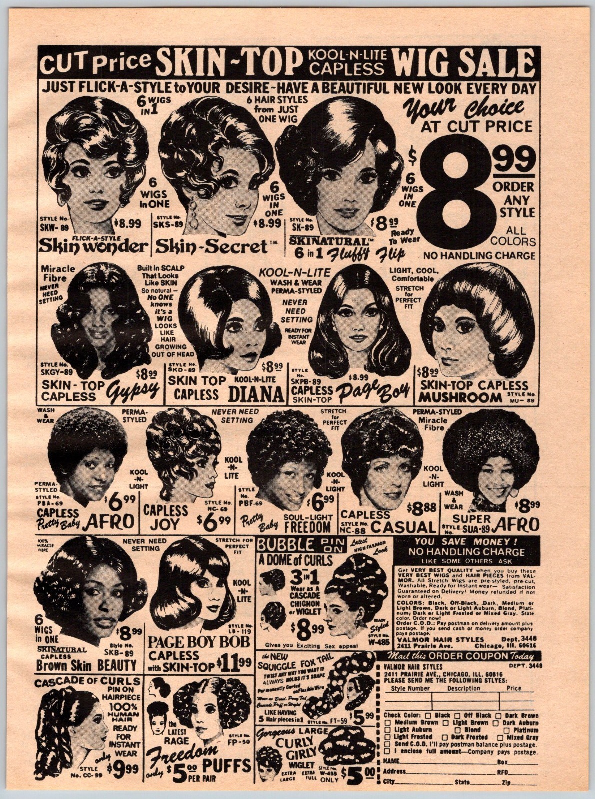 1975 WIGS BY VALMOR HAIR STYLES Vintage 8″X11″ Magazine Ad 1970’s M760 C