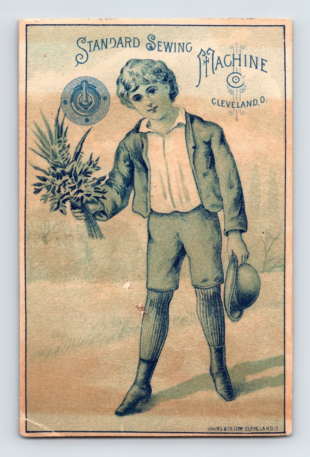 Standard Sewing Machine Boy Bouquet Victorian Trade Card 1890s 4.5″ x 3″
