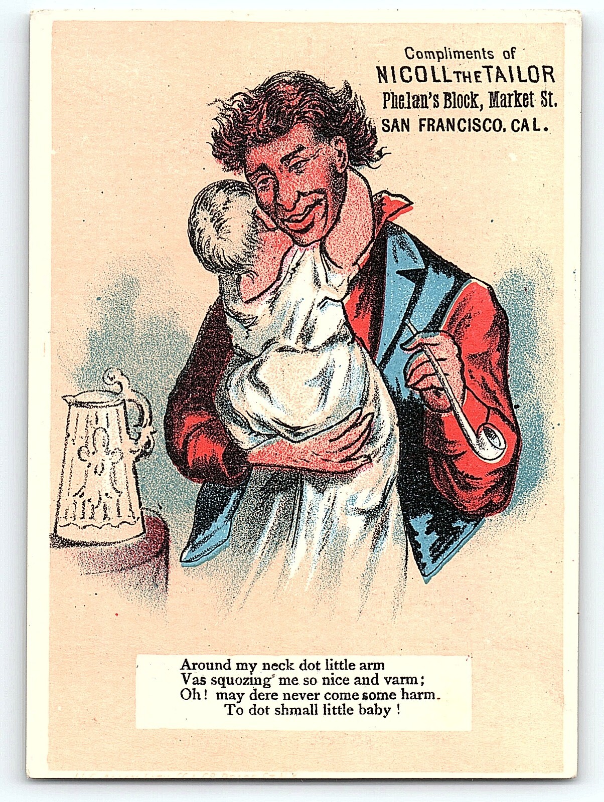 1880s SAN FRANCISCO CA NICOLL THE TAILOR PHELAN’S BLK VICTORIAN TRADE CARD Z7426