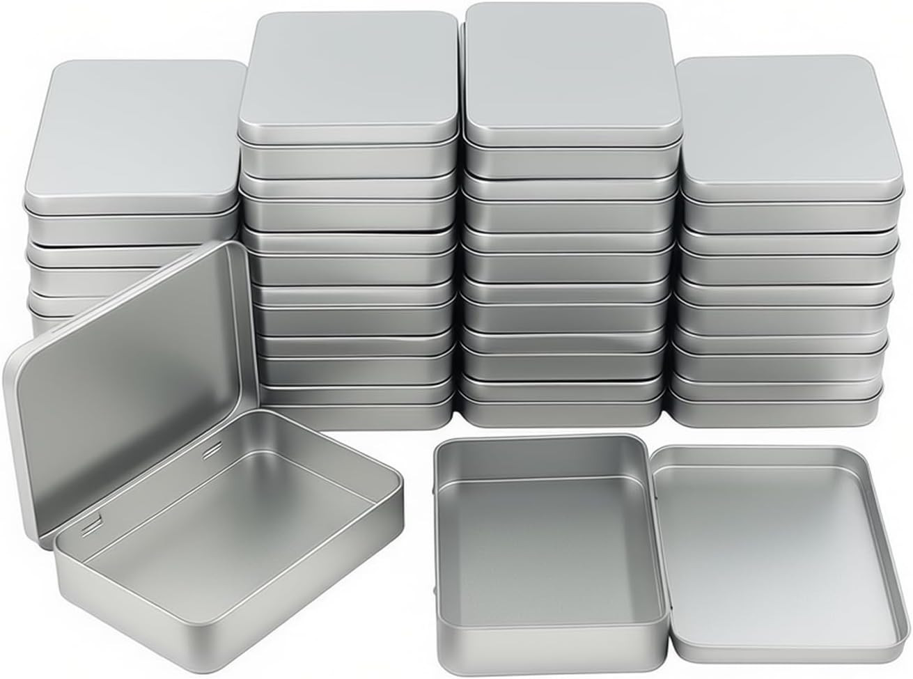 24 Rectangular Metal Hinged Tins – Versatile Storage Containers, Silver