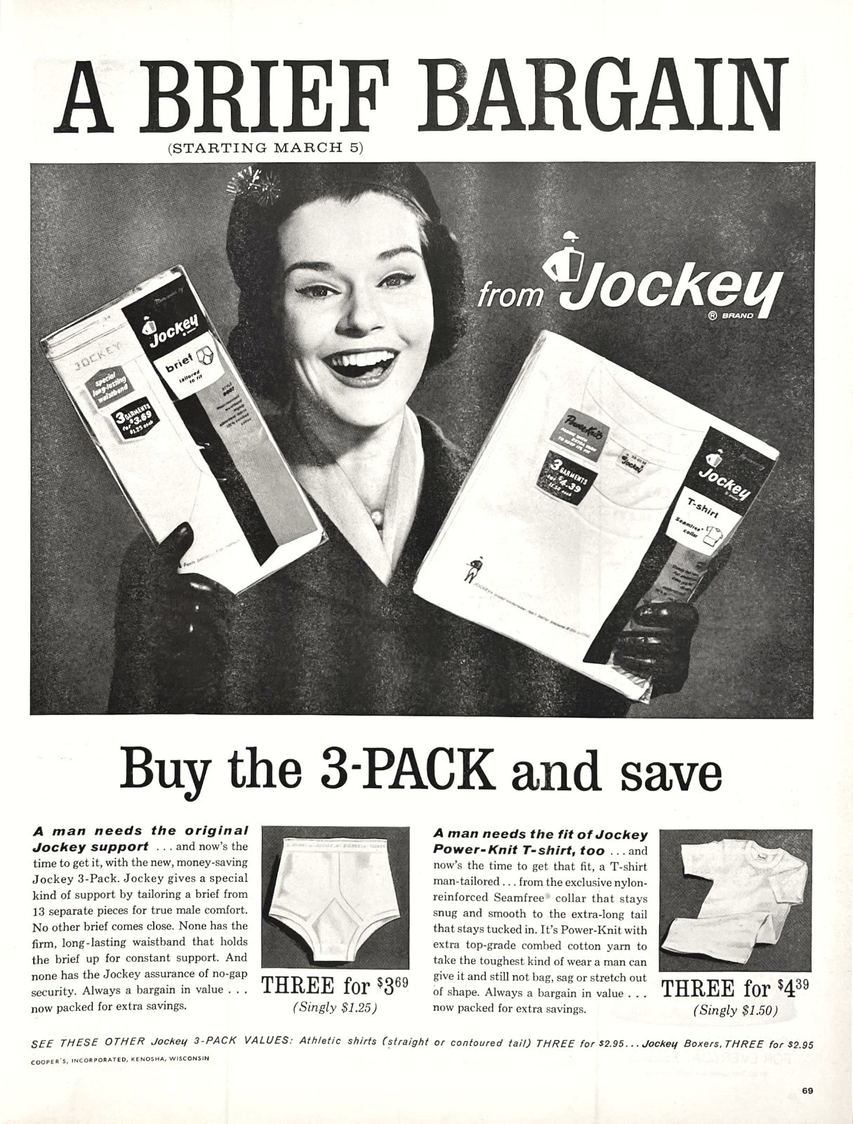 Jockey Brief T-Shirt 3-Pack Value Underwear Display 1962 Apparel Vtg Mag Print