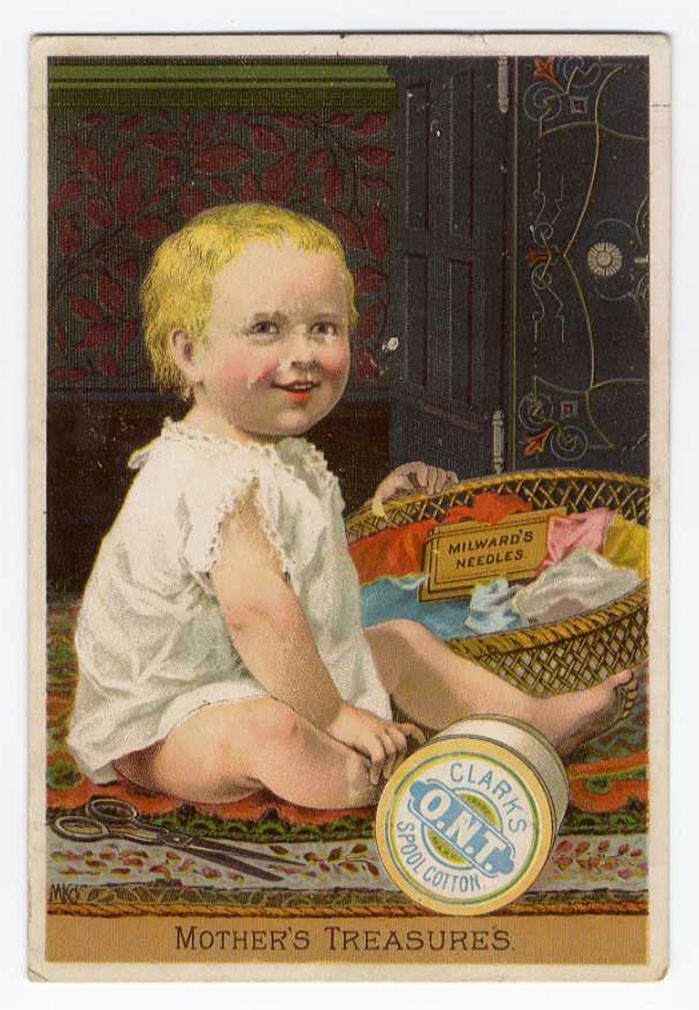 BABY & SPOOL Clark’s O.N.T. Cotton Thread 1880’s VICTORIAN Trade Card