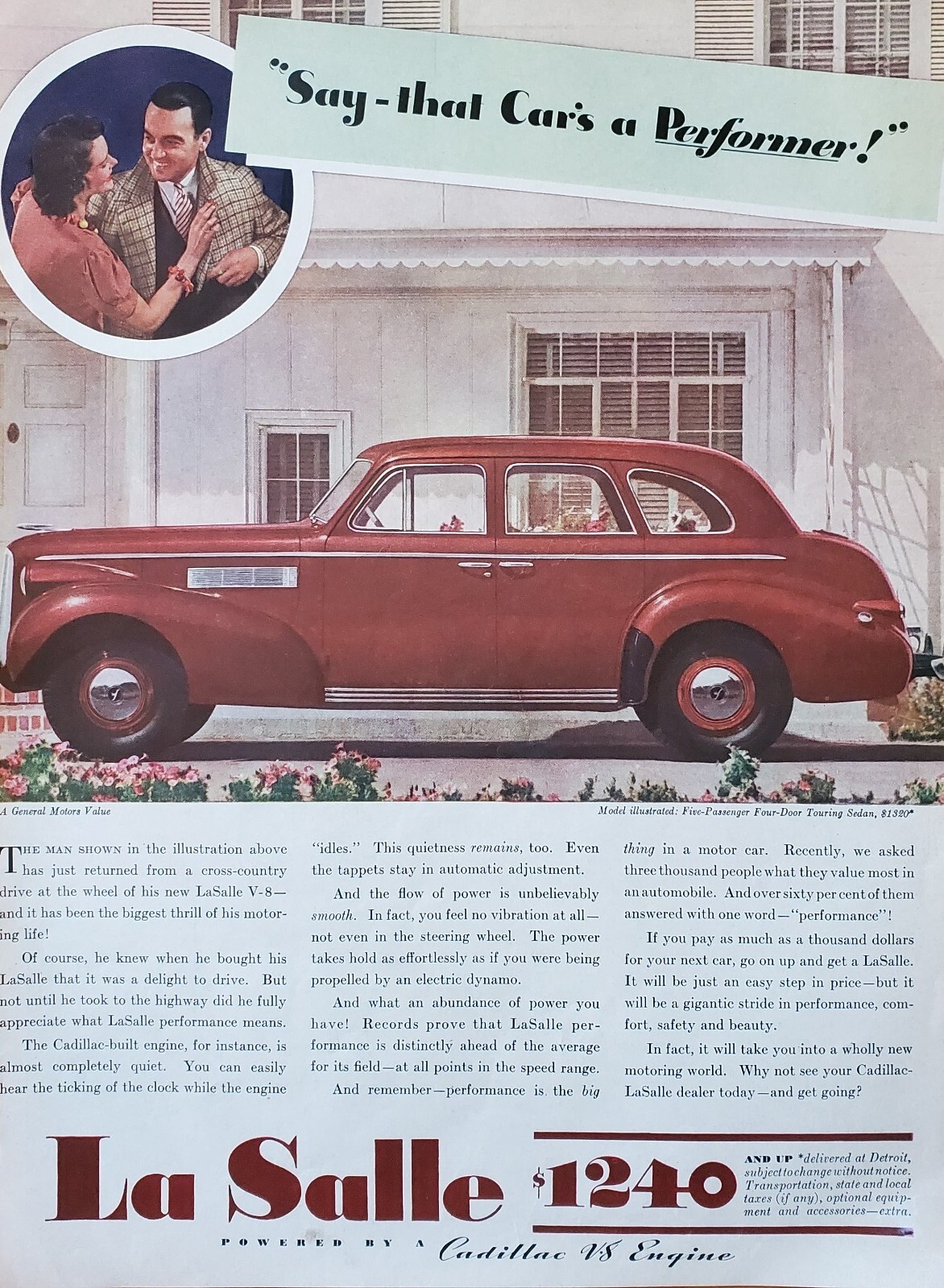 1939 GM Cadillac LaSalle V8 Touring Sedan High Performance Vintage Print Ad