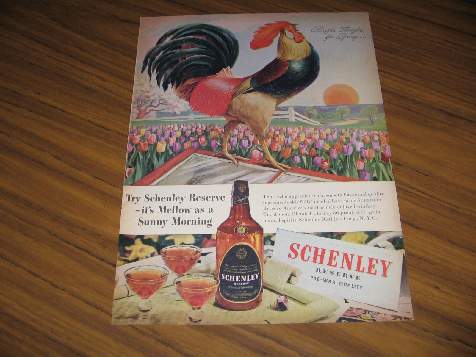 1946 Print Ad Schenley Reserve Whiskey Rooster Crows