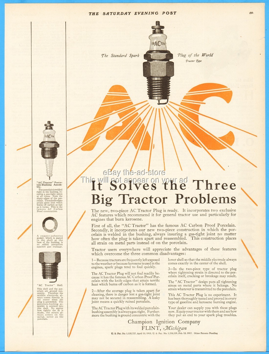 1919 AC Tractor Spark Plugs Champion Ignition Flint Michigan Antique Print Ad