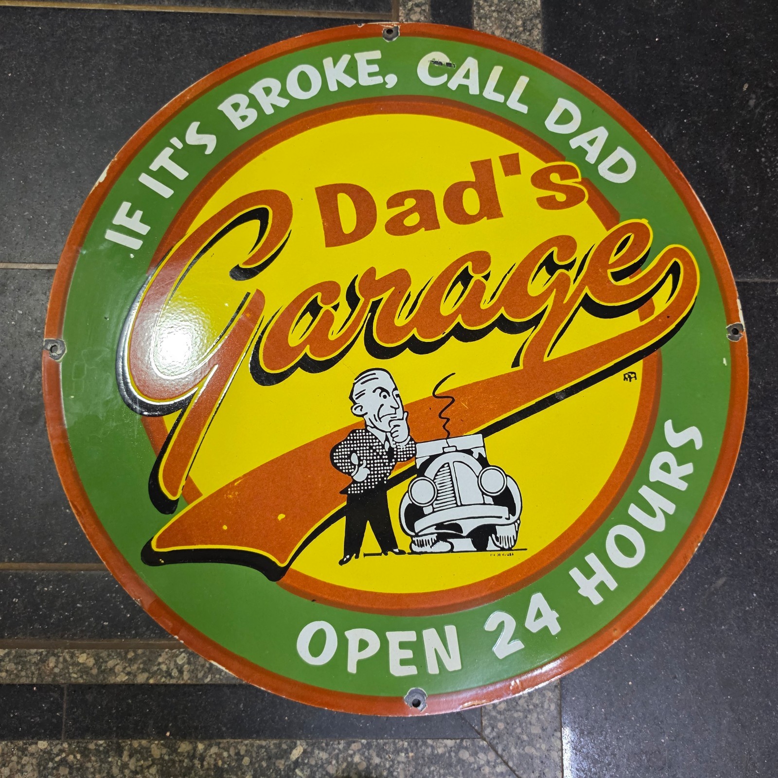 DAD’S GARAGE PORCELAIN ENAMEL SIGN 29 X 29 INCHES