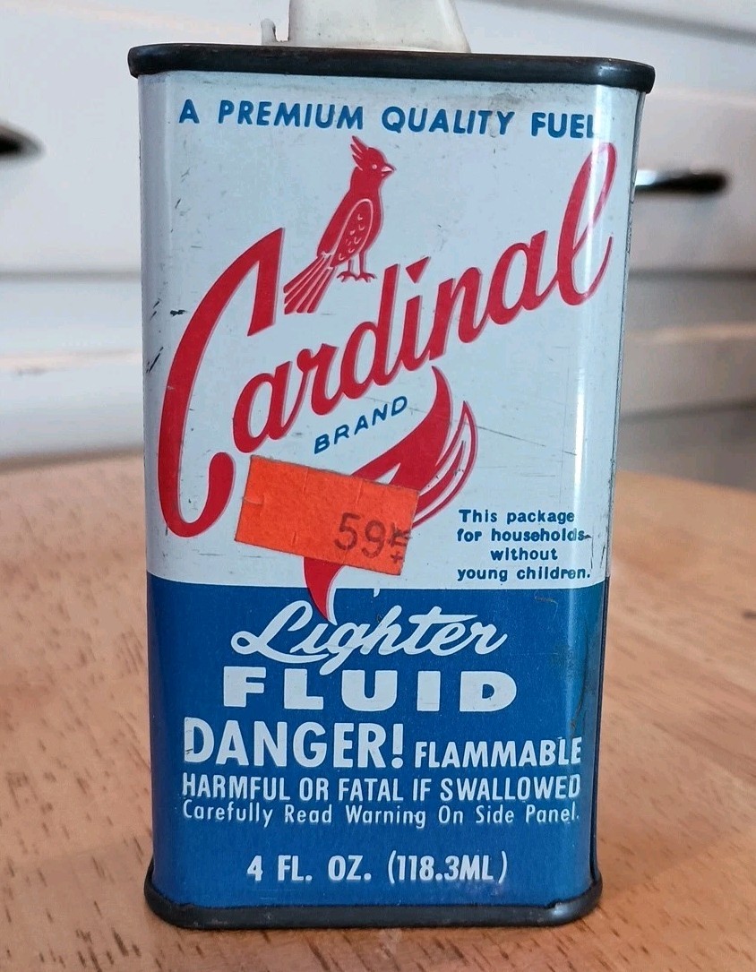 Vintage Cardinal Lighter Fluid Empty Tin Can 4 oz. Collectible Home Decor Prop