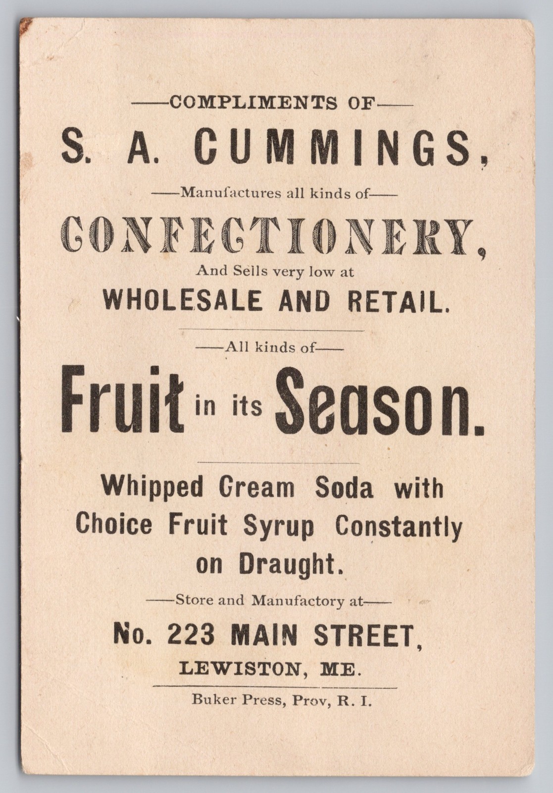 Lewiston ME 233 Main SA Cummings Confectionery Fruit Syrups Victorian Trade Card