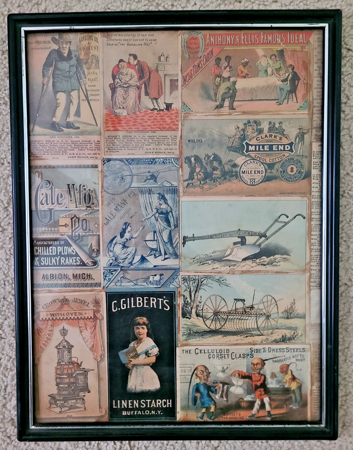 11 SCARCE FRAMED VICTORIAN TRADE CARDS including UNCLE TOM’S CABIN & GALE PLOW