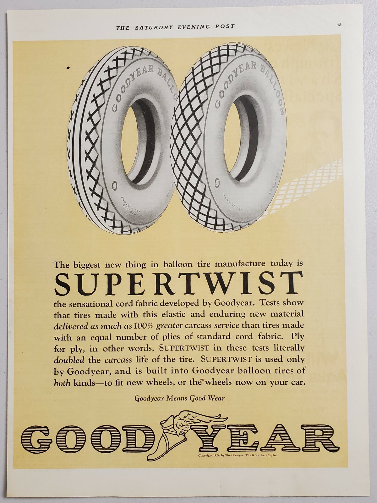 1924 Print Ad Goodyear Supertwist Balloon Tires