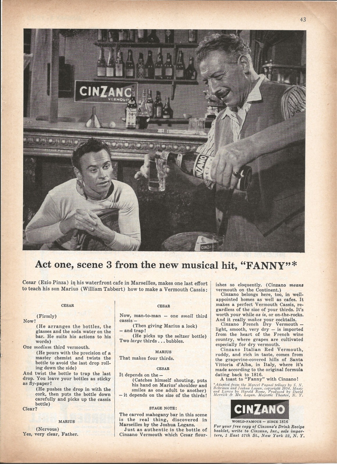 1955 Cinzano Drink Recipe Italian Red Vermouth Fanny Original Print Ad