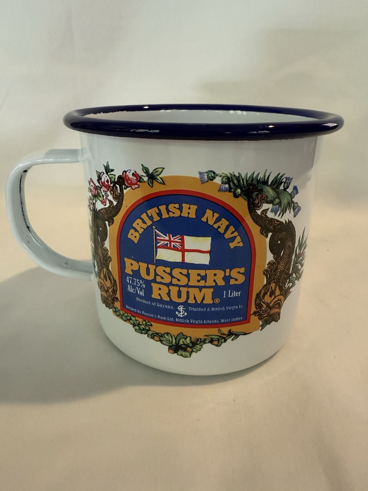 British Navy Pusser’s Rum Enameled Tin Cup with Handle Hand Decorated In USVI