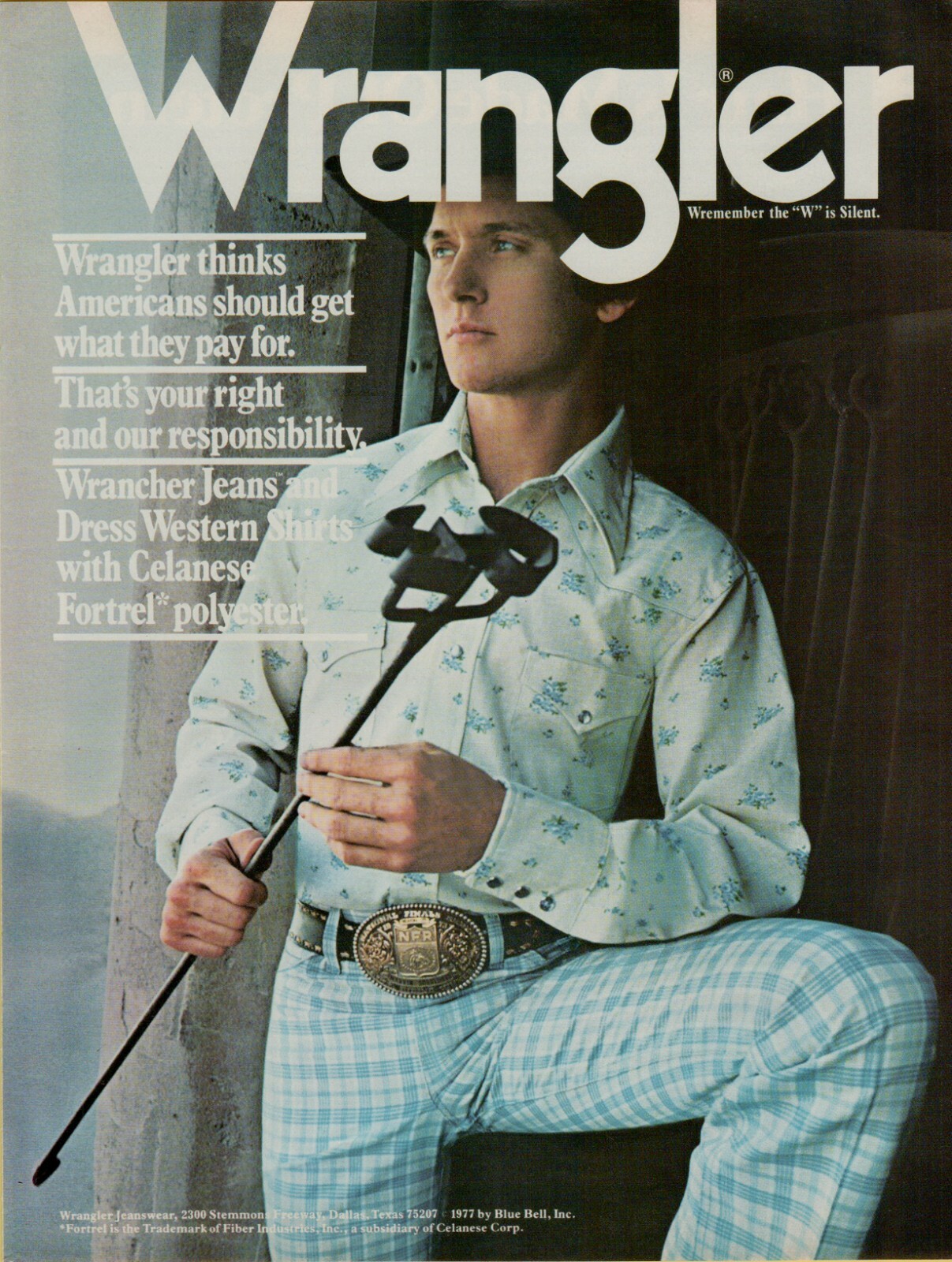 1977 Wrangler Jeans Dress Western Shirts Blue Plaid Snap Button Vintage Print Ad
