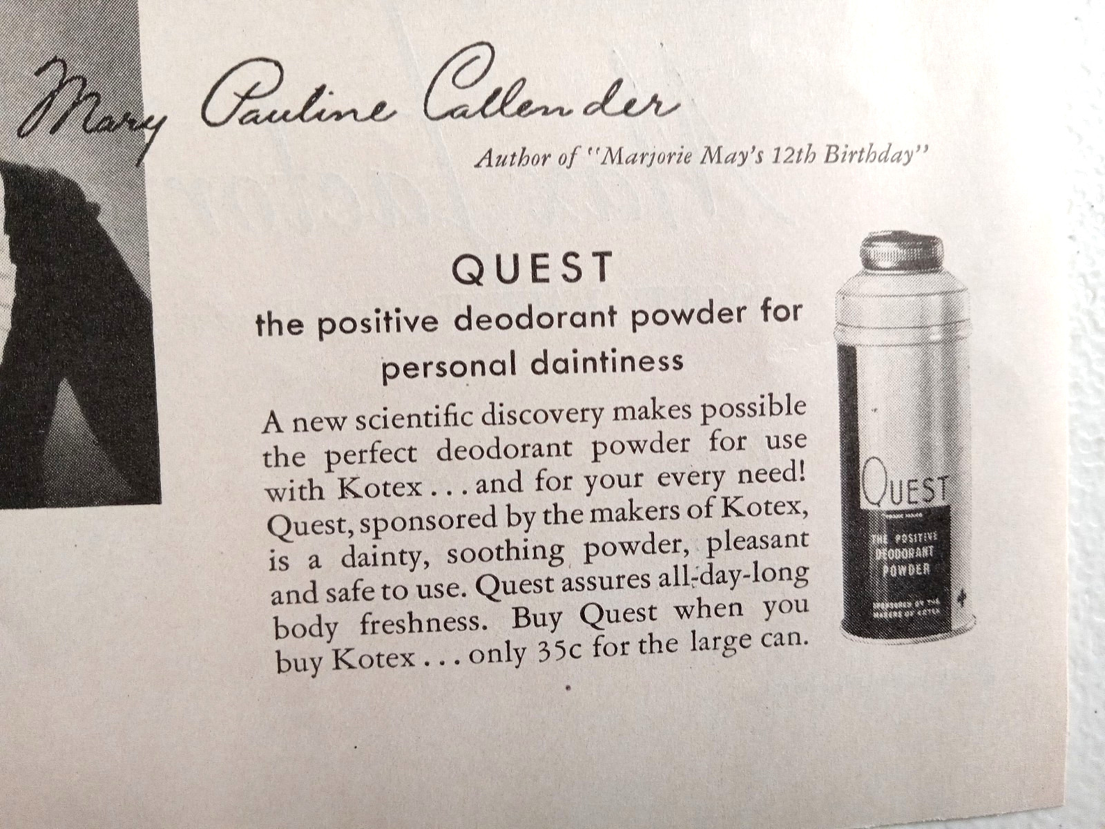1935 Kotex Print Ad Author Mary Pauline Callender “An Intimate Subject”
