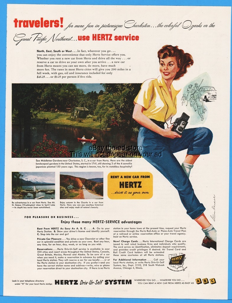 1953 Hertz Rent A Car Middleton Gardens Charleston SC Photo Rental Kardee Art Ad
