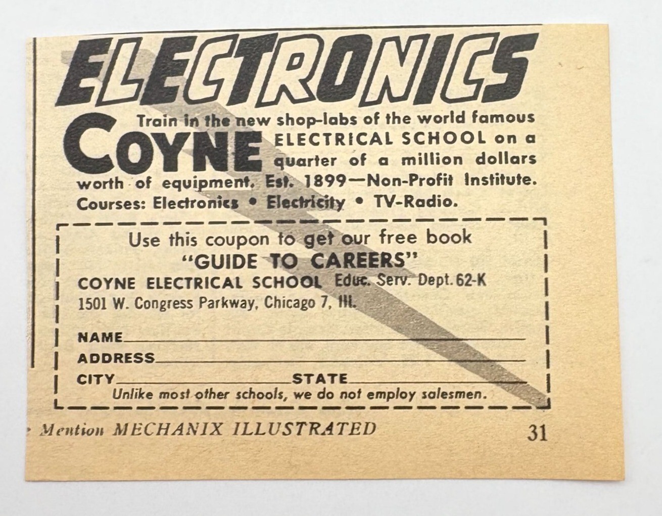 Coyne Electrical School Vintage Mini Print Ad 1960s Courses TV Radio Electricity