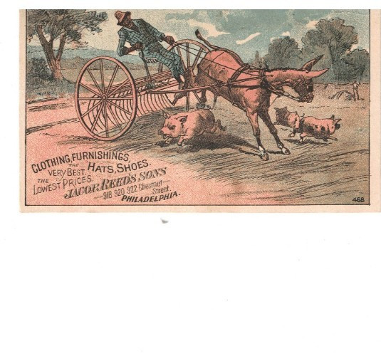 1880s Victorian Trading Card Jacob Reeds Sons Farmer Pulled by Donkey