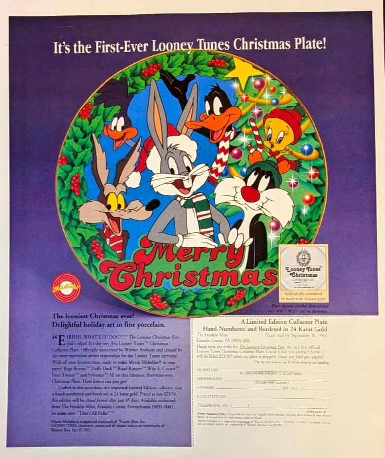 Looney Tunes Christmas Plate Print Ad Vintage Bugs Bunny Daffy Duck 1990s