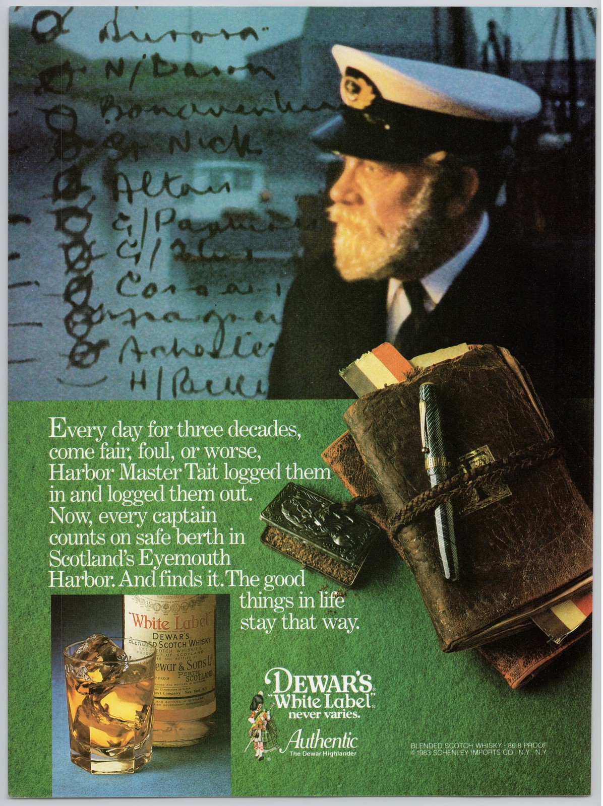 Dewar’s White Label Scotch Eyemouth Harbor Scotland 1983 Vintage Print Ad