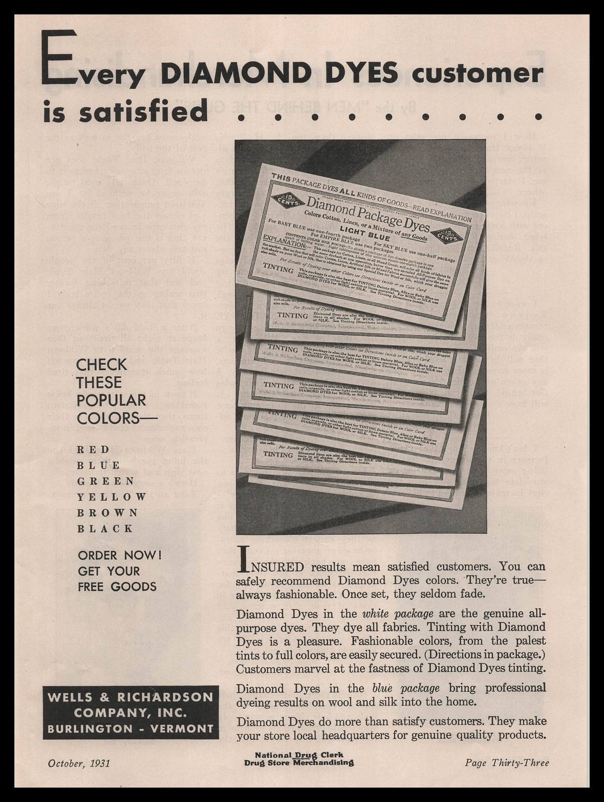 1931 Diamond Package Dyes Wells & Richardson Burlington Vermont Vintage Print Ad