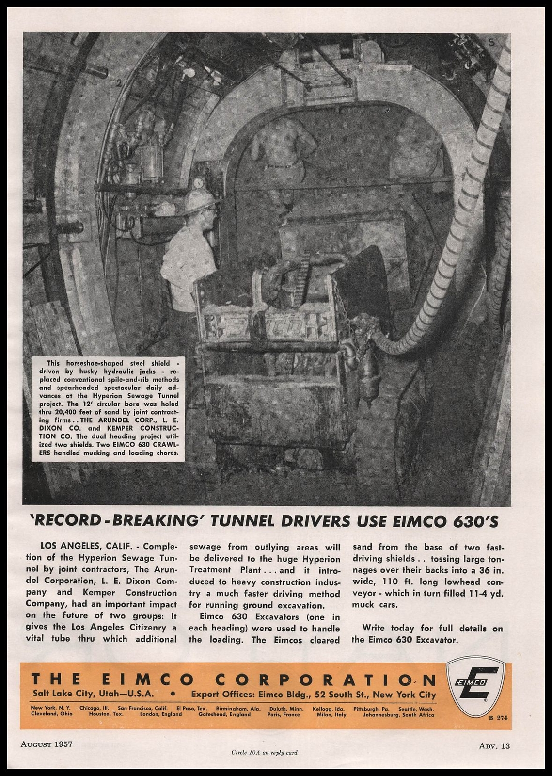 1957 Hyperion Sewage Plant Tunnel Los Angeles Photo Eimco 630 Excavator Print Ad